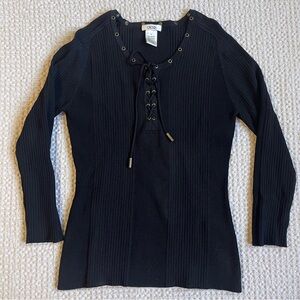 Y2K Cache Ribbed Knit Lace Up Sweater Top Form-Fitting Goth Grudge